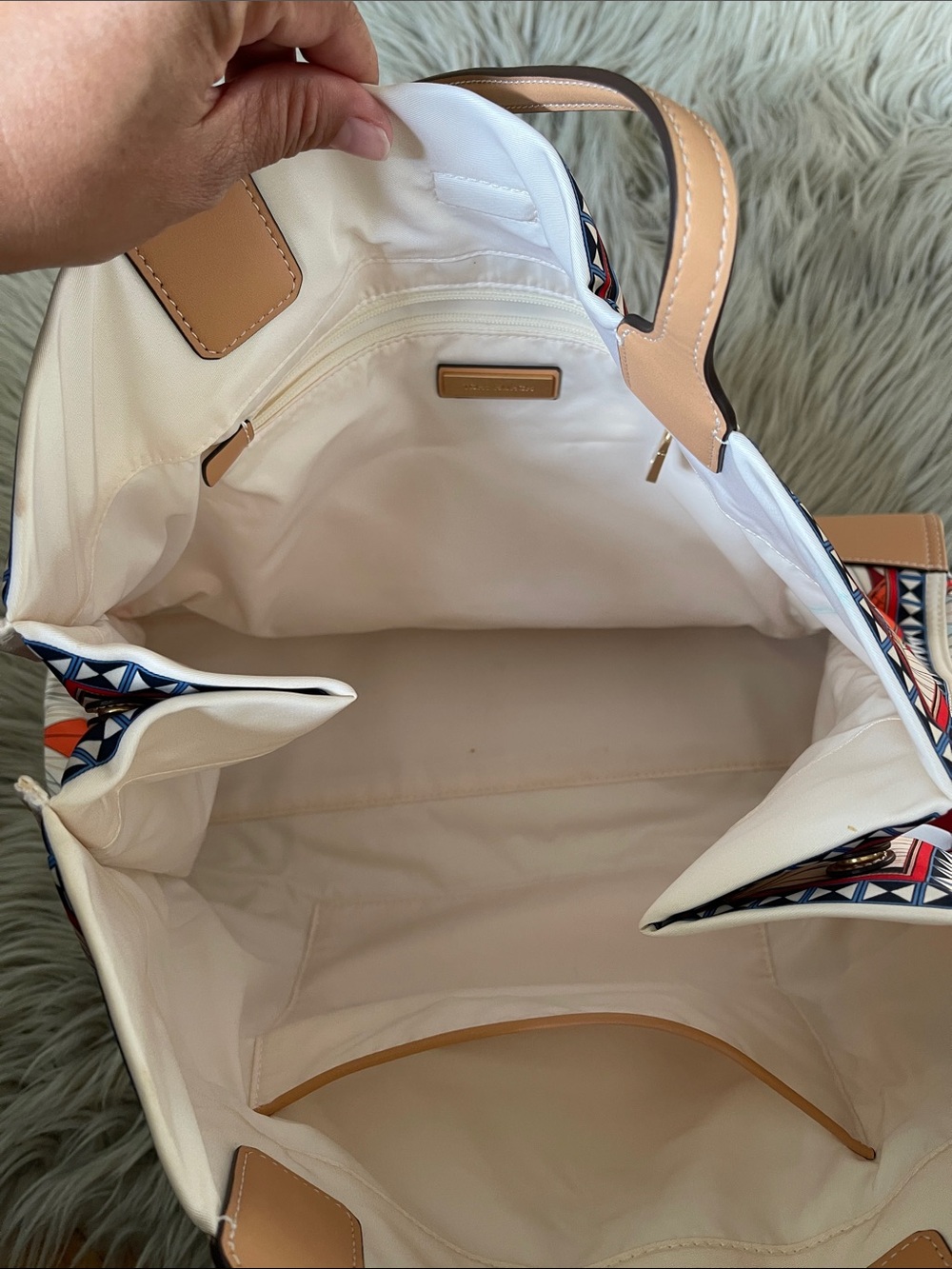 Tory Burch Multicolor Compass Graphic Tote with Tan Leather Handles - Picture 6 of 13